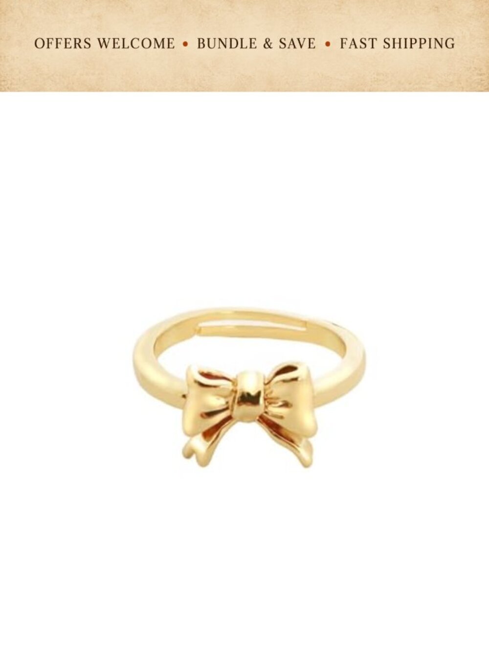 14k Gold Plated Bowknot Ribbon Band Adjustable Ring